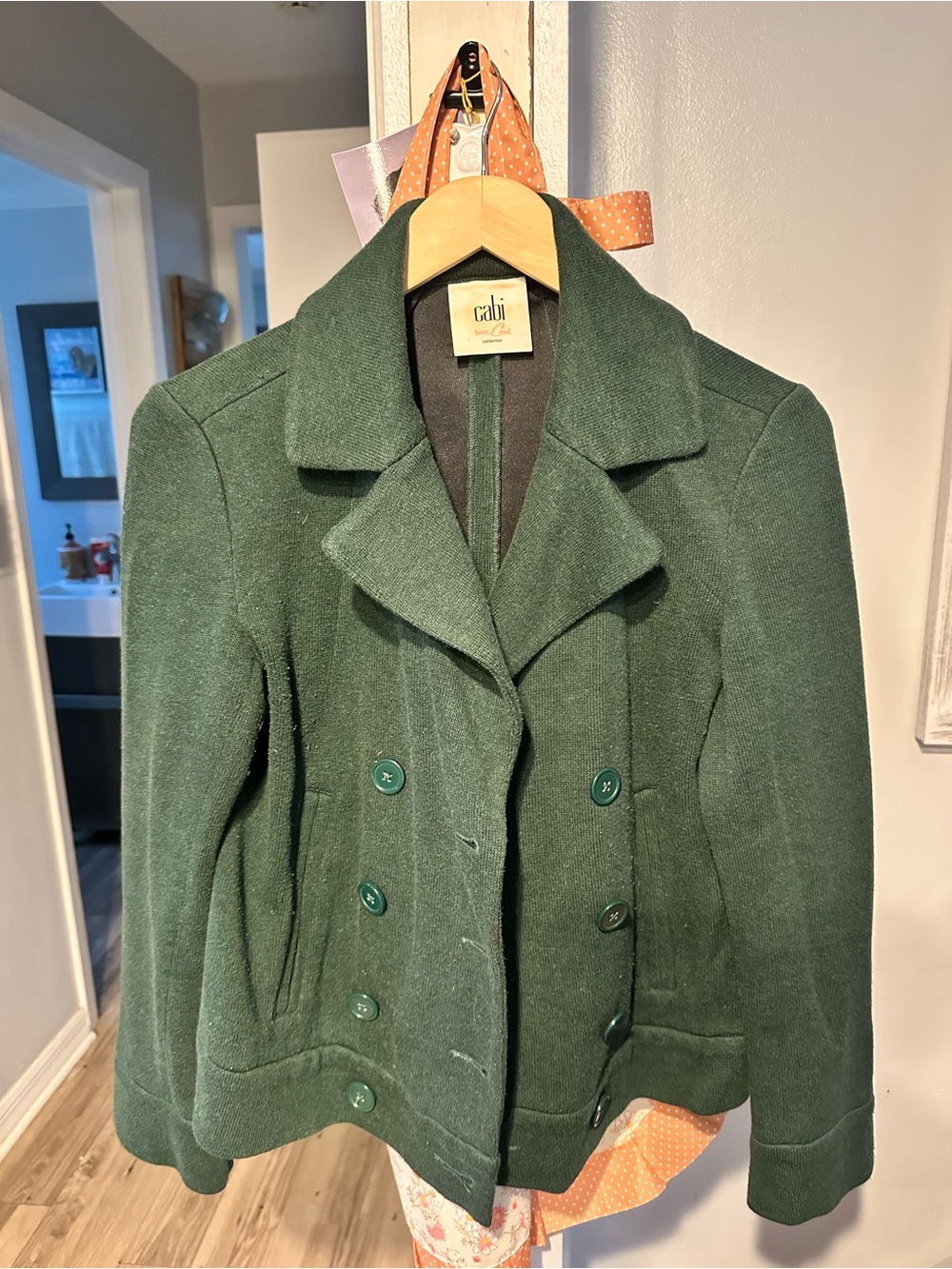🍁CABI  Dark Green Double-Breasted Wool Pea coat- Light Weight Sweater Material